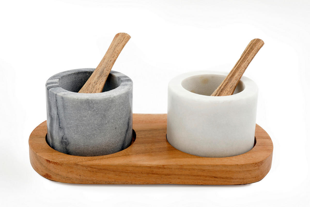 SÓ- ÉS BORSŐRLŐ - akáciaszínű/fehér, Basics, kő/fa (19/10/7cm)