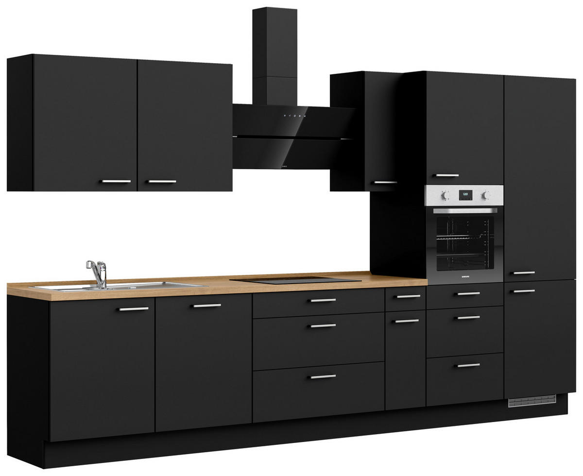 KÜCHENBLOCK 360 cm   in Schwarz, Eichefarben  - Edelstahlfarben/Eichefarben, MODERN, Holzwerkstoff/Metall (360cm) - Nobilia