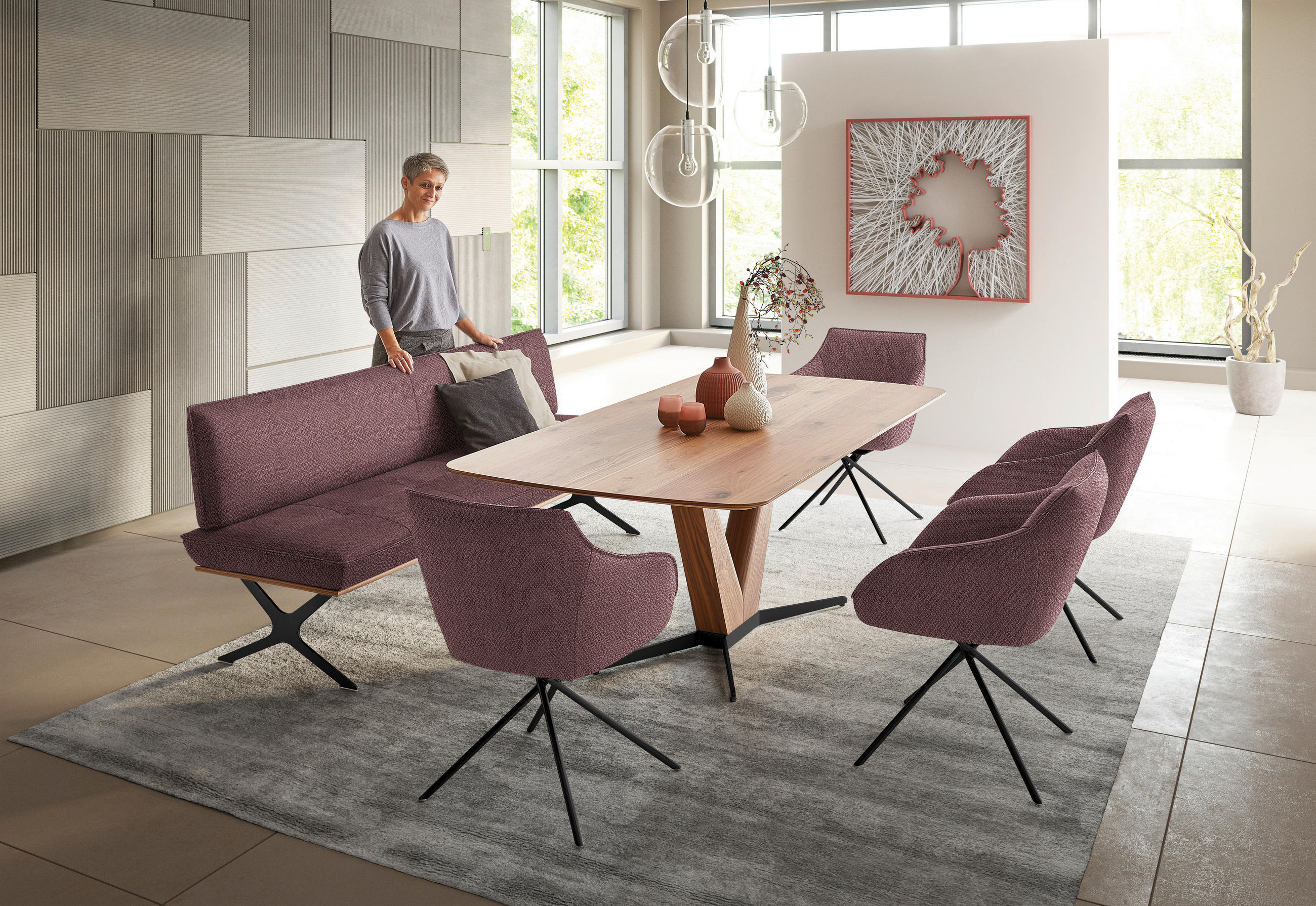 SITZBANK in Holz, Textil Schwarz, Nussbaumfarben, Altrosa  - Nussbaumfarben/Schwarz, Design, Holz/Textil (194/88/66cm) - Koinor