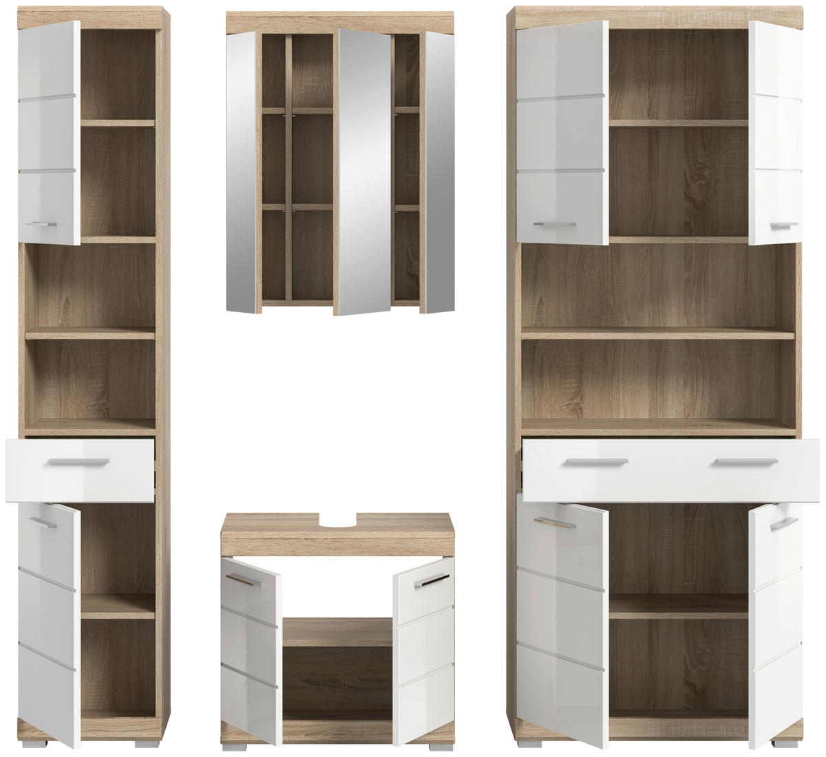 BADEZIMMER 4-teilig  in 165 cm  - Weiß Hochglanz/Silberfarben, MODERN, Glas/Holzwerkstoff (165cm) - MID.YOU