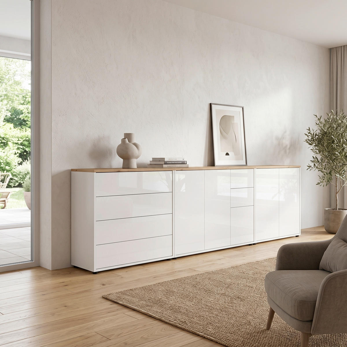 SIDEBOARD   - Weiß Hochglanz/Schwarz, MODERN, Holzwerkstoff/Kunststoff (263,5/73/33cm) - MID.YOU
