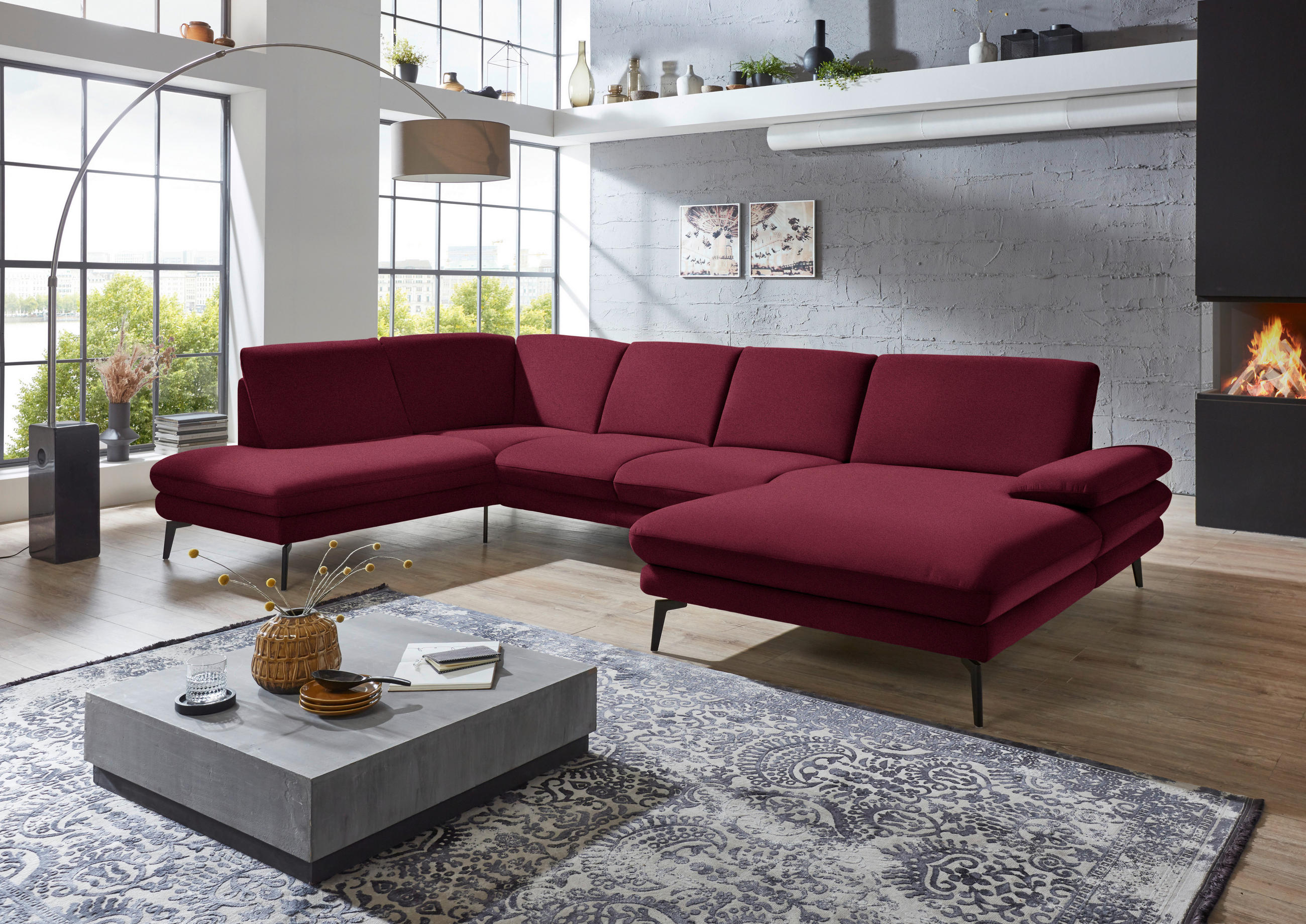 WOHNLANDSCHAFT in Webstoff Rot, Bordeaux  - Bordeaux/Rot, Design, Textil/Metall (208/344/180cm) - Dieter Knoll