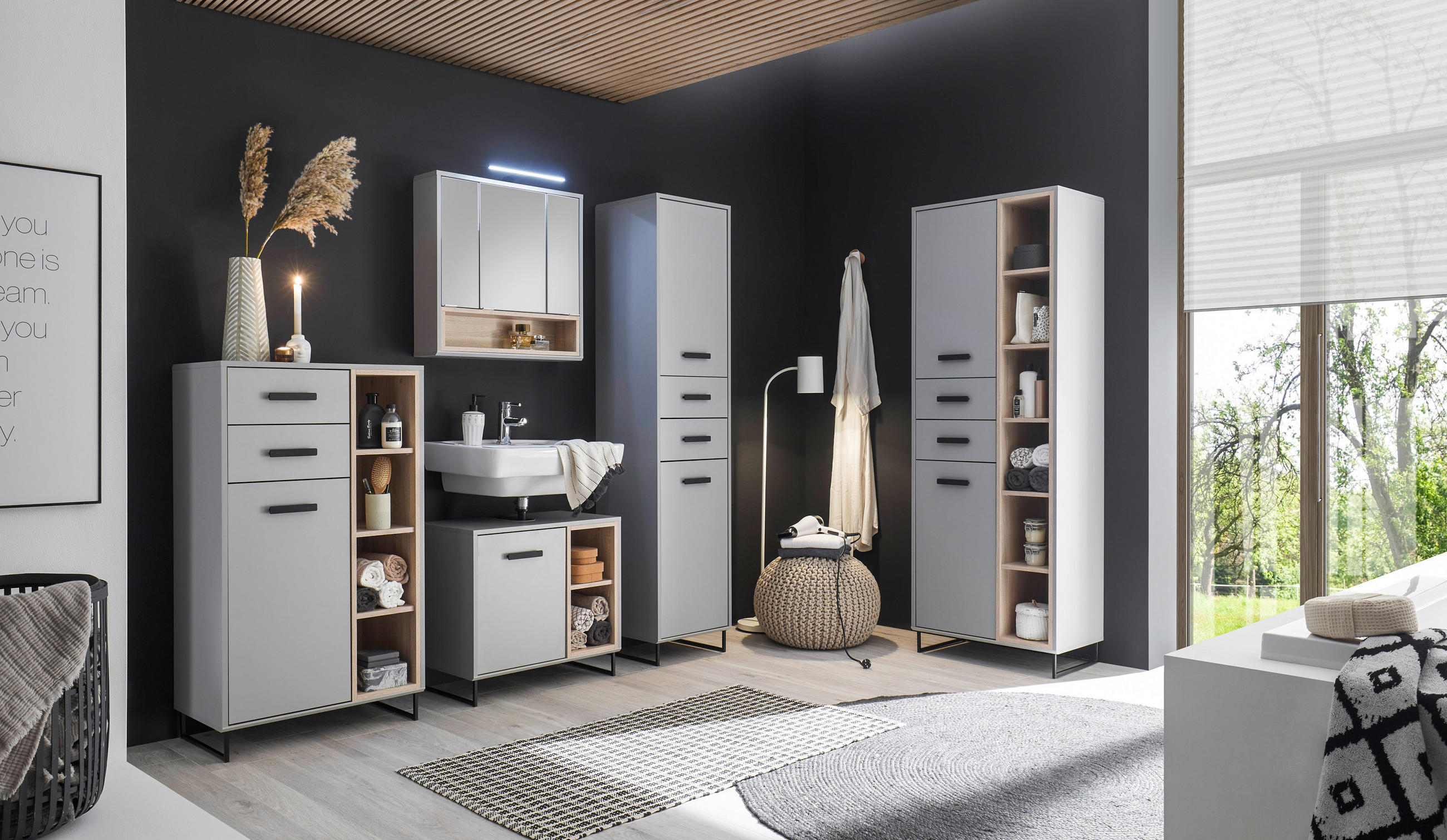 HOCHSCHRANK 41/185/38 cm  - Schwarz/Grau, Natur, Holzwerkstoff/Kunststoff (41/185/38cm) - home24