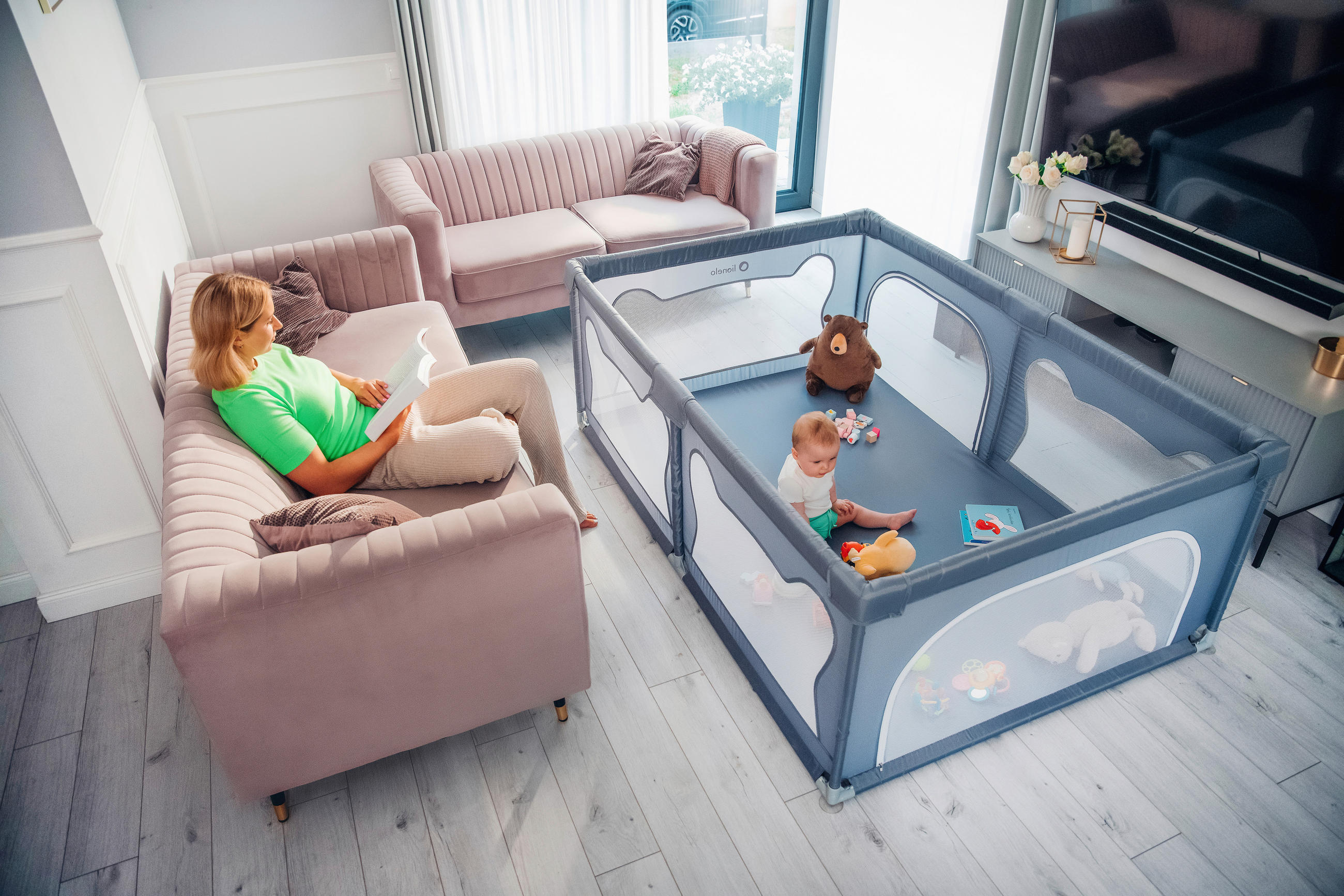 Thumbnail - Lionelo Laufgitter Willow, Grau, Kunststoff, Farbverlauf, 187x68x127 cm, zusammenklappbar, Kindersicherheit