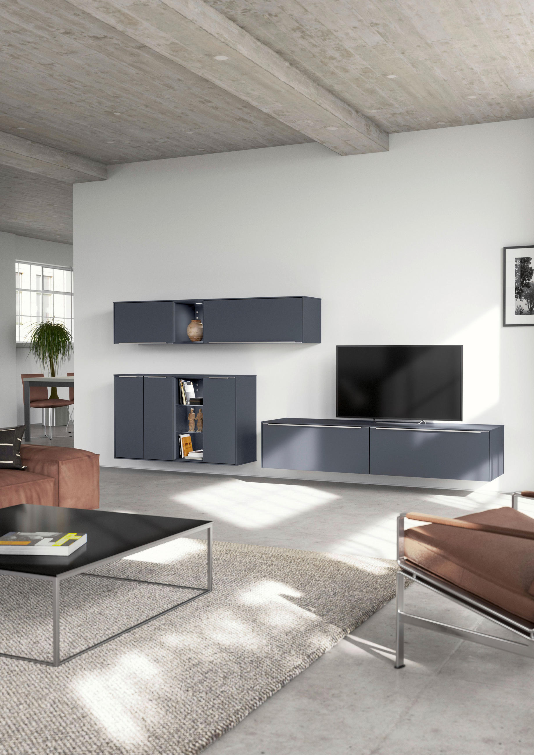 WOHNWAND  in Schieferfarben, Dunkelblau  320/160/48,5 cm  - Schieferfarben/Edelstahlfarben, Design, Holzwerkstoff/Metall (320/160/48,5cm) - Celina Home