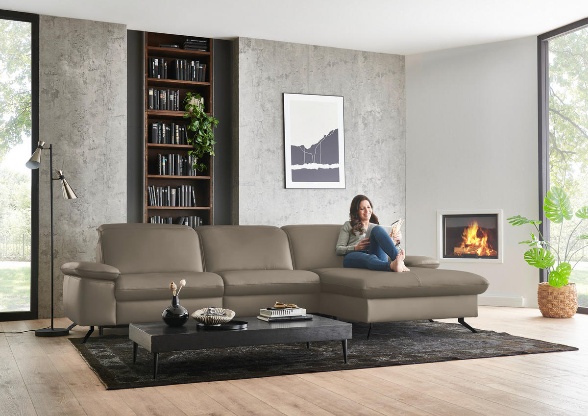 ECKSOFA  Echtleder Greige  - Greige/Schwarz, Design, Leder/Metall (307/169cm) - Beldomo Premium