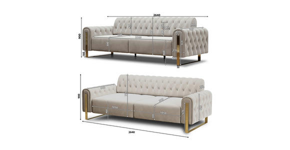 3-SITZER-SOFA Velours Beige  - Beige/Goldfarben, KONVENTIONELL, Textil/Metall (264/90/97cm) - Carryhome