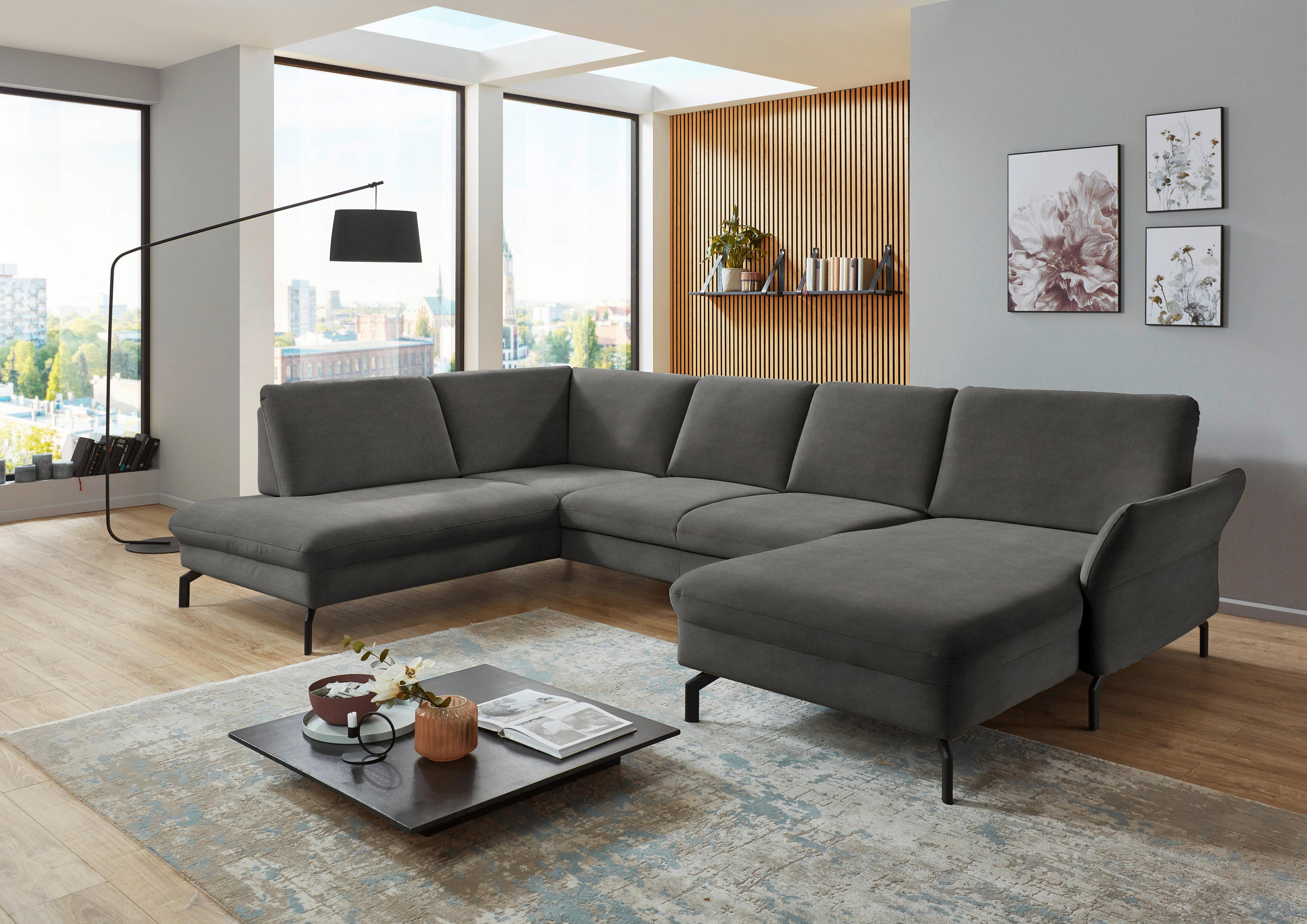 WOHNLANDSCHAFT Grau Velours  - Schwarz/Grau, Design, Textil/Metall (220/335/179cm) - Beldomo System