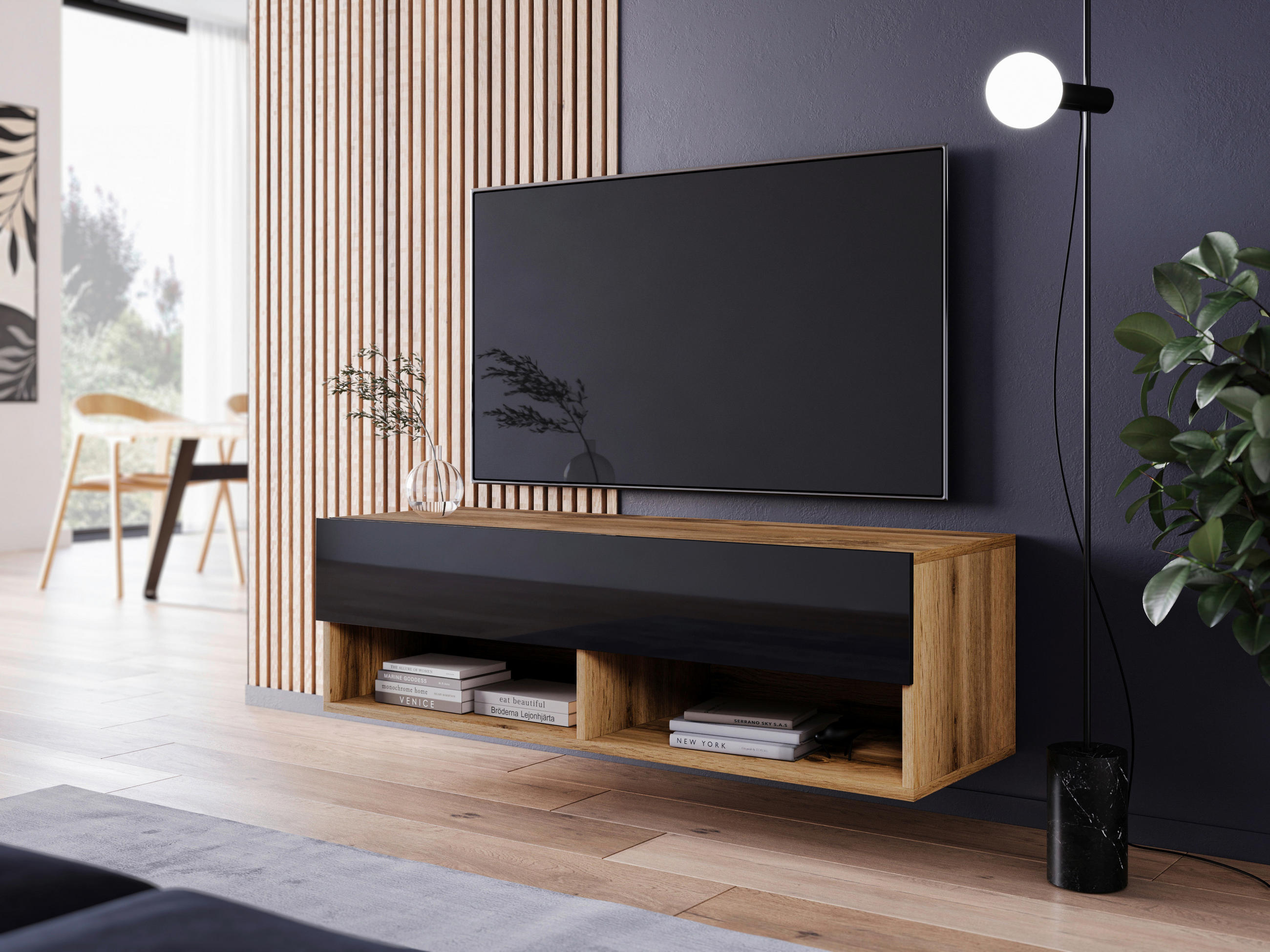 TV-BÄNK Vera II  i 100/30/31 cm  - svart högglans/ek Wotan, Lifestyle, trämaterial/plast (100/30/31cm) - P & B
