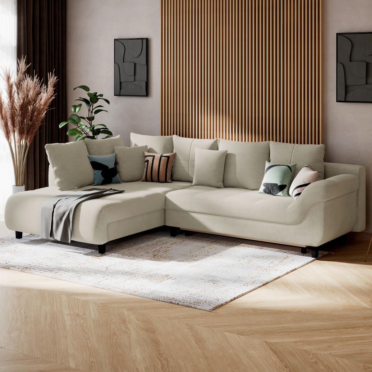 ECKSOFA MENDOZA NEW Hellgrau Chenille, Struktur Zierkissen, Rückenkissen, Bettkasten  - Hellgrau/Schwarz, KONVENTIONELL, Textil (197/309cm) - MID.YOU