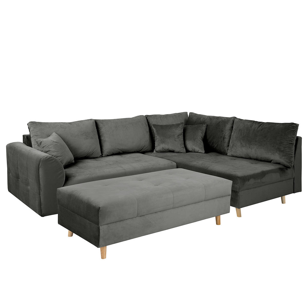 ECKSOFA inkl. Hocker Ariella Anthrazit Samt Rückenkissen, Hocker  - Anthrazit/Naturfarben, Design, Holz/Textil (231/161cm) - Livetastic