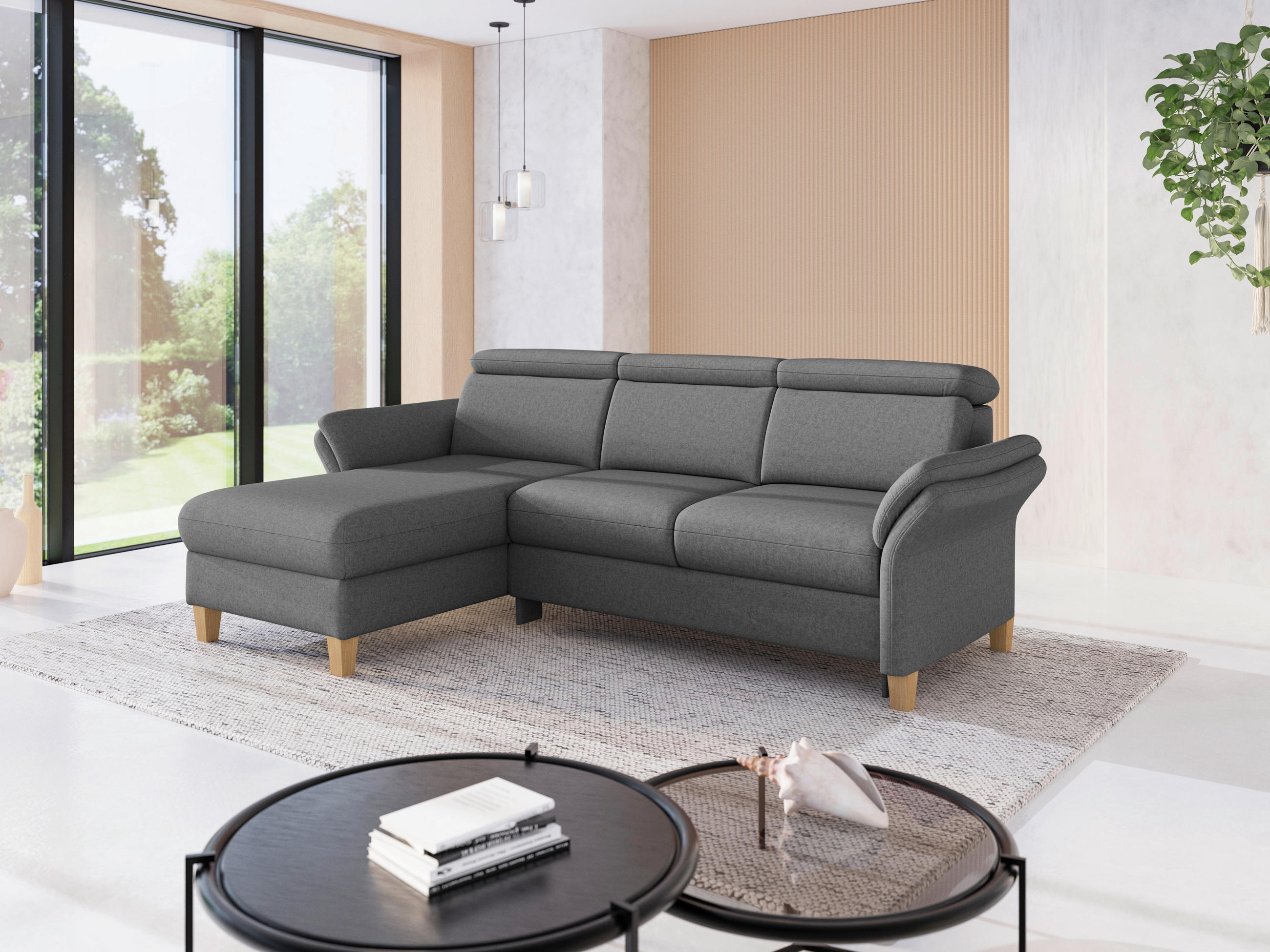 ECKSOFA GLENDALE E Dunkelgrau Flachgewebe  - Eichefarben/Dunkelgrau, KONVENTIONELL, Holz/Textil (166/253cm) - Sit & More