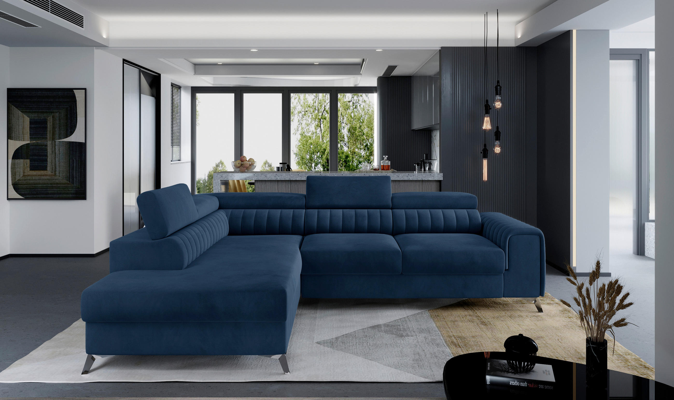 ECKSOFA in Samt Blau  205/278 cm  - Blau/Silberfarben, Design, Textil/Metall (205/278cm) - MID.YOU