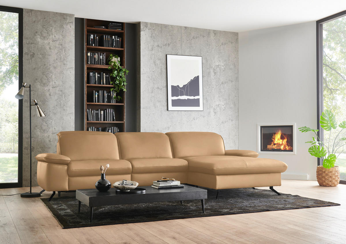 ECKSOFA  Echtleder Honig  - Schwarz/Honig, Design, Leder/Metall (307/169cm) - Beldomo Premium