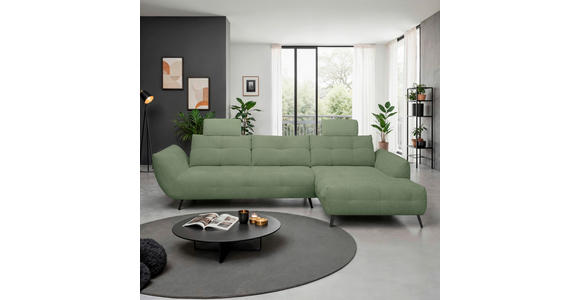 ECKSOFA Salbeigrün Chenille Armlehnenkissen, Rücken echt, Sitztiefenverstellung  - Salbeigrün/Schwarz, KONVENTIONELL, Textil/Metall (313/215cm) - Hom`in