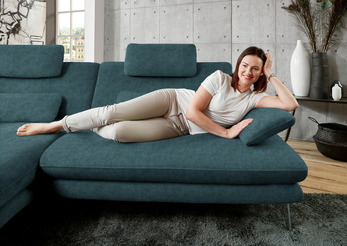 ECKSOFA in Velours Petrol  - Petrol/Schwarz, Design, Textil/Metall (184/284cm) - Dieter Knoll