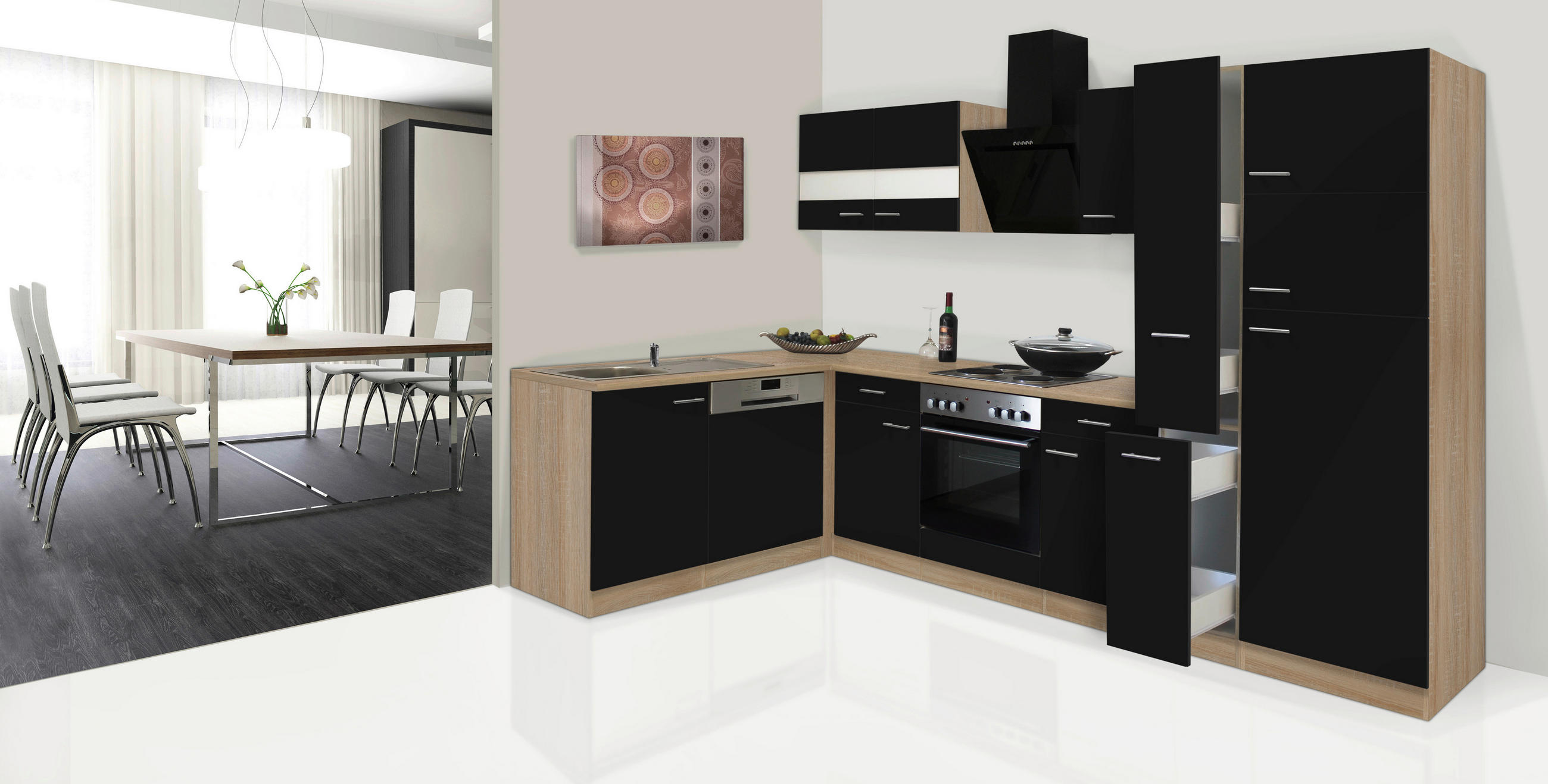 ECKKÜCHE 172/310 cm - Eichefarben/Schwarz, Basics, Glas/Holzwerkstoff (172/310cm) - Respekta