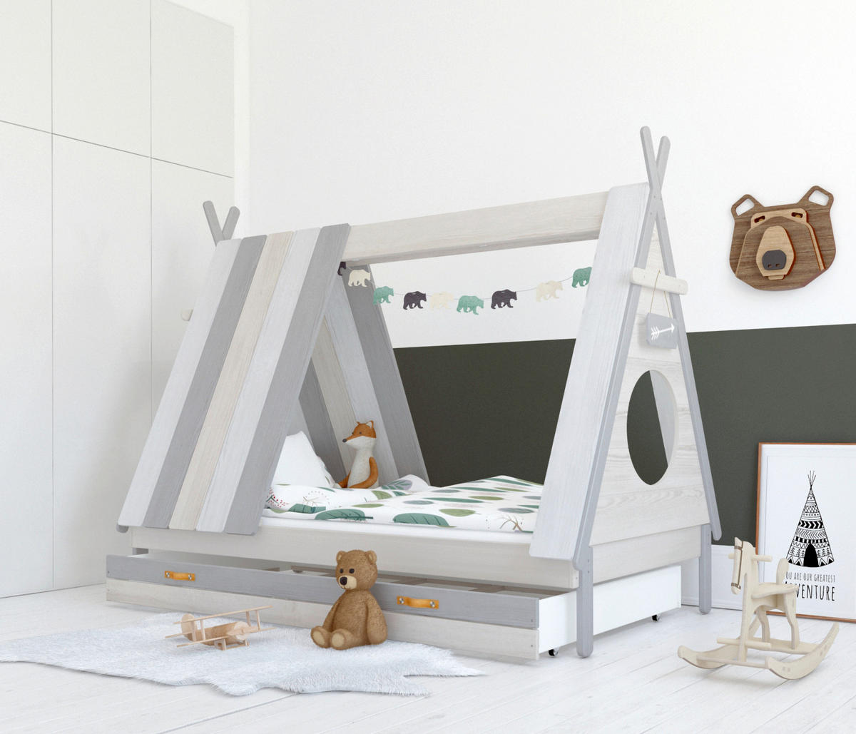 HAUSBETT 90/200 cm,  in Grau, Weiß, Lattenrost  - Weiß/Grau, Design, Holz (90/200cm) - Livetastic