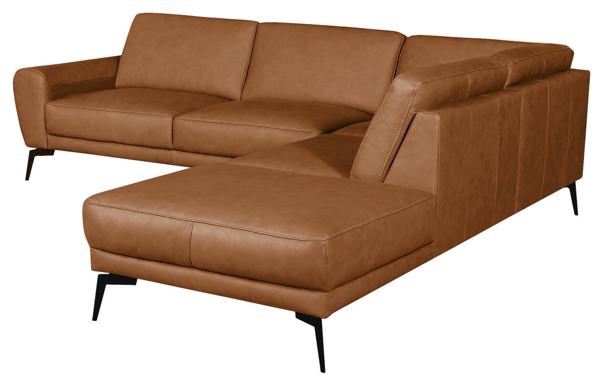 ECKSOFA in Echtleder Cognac  - Cognac/Schwarz, Design, Leder/Metall (273/250cm) - Livetastic