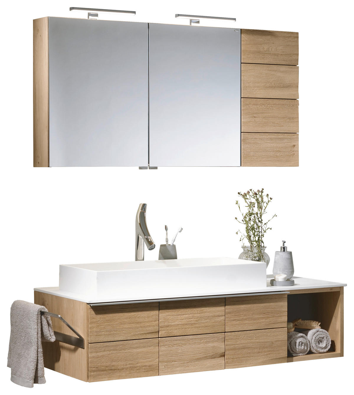 Mobilier Baie 128,4 cm - alb/culoare lemn stejar, Design, sticlă/lemn (128,4cm) - Voglauer