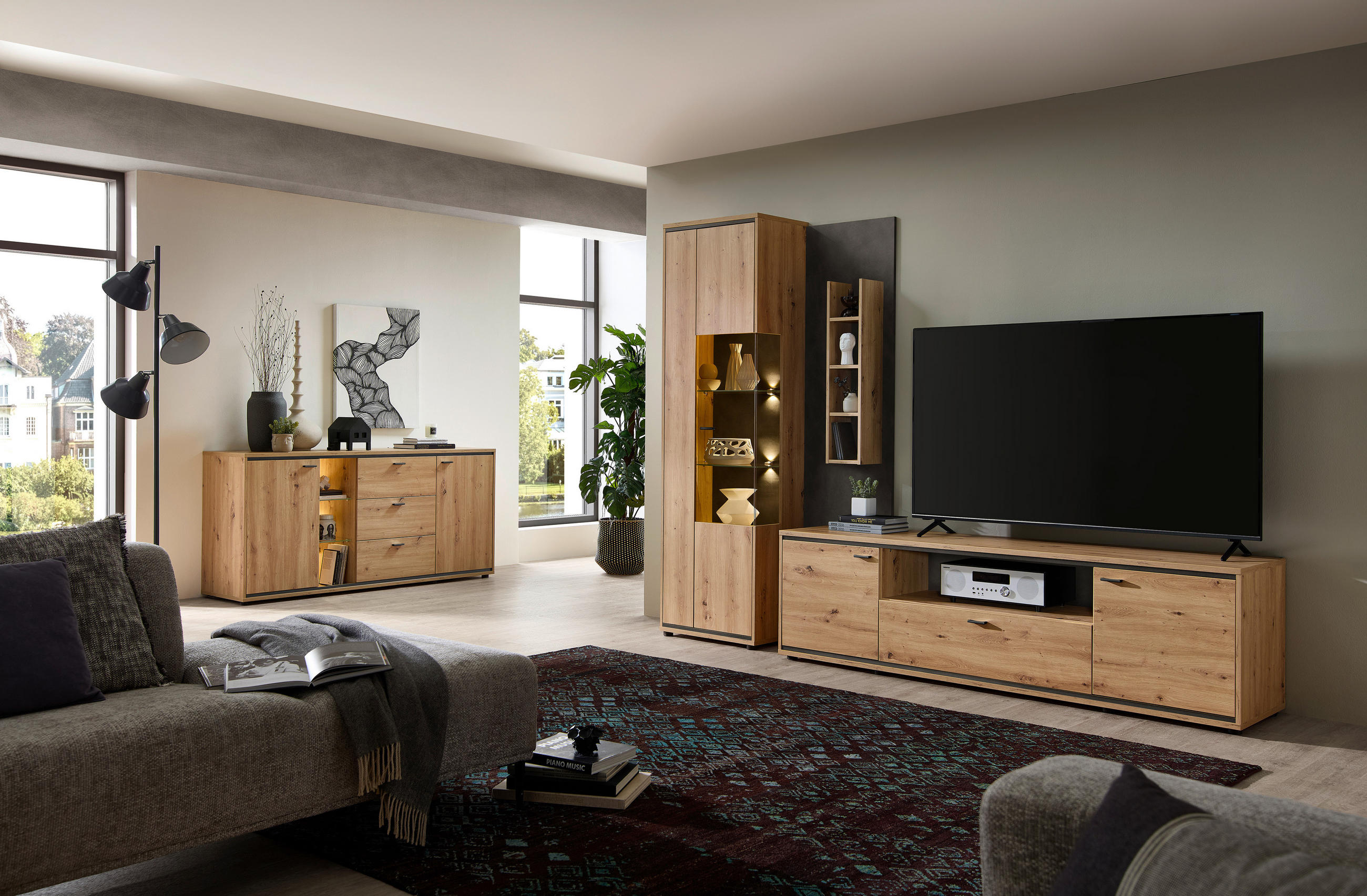 Thumbnail - Stylife Wohnwand, Anthrazit, Eiche Artisan, Metall, 8 Fächer, 1 Schublade(n) Schubladen, F, 280x205x49 cm, stehend, spie...