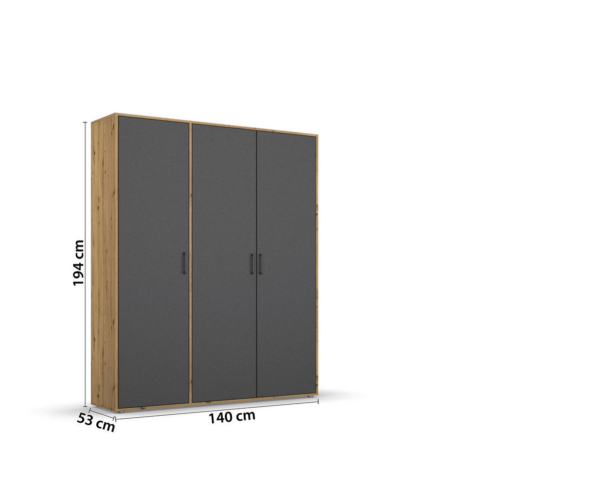 DREHTÜRENSCHRANK in Grau, Eiche Artisan  - Eiche Artisan/Grau, Modern, Holzwerkstoff/Kunststoff (140/194/53cm) - Rauch Möbel