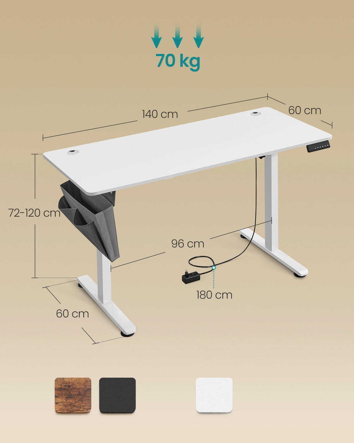 PC STÔL, biela, 140/60/72-120 cm - biela, Basics, kov/kompozitné drevo (140/60/72-120cm) - Boxxx