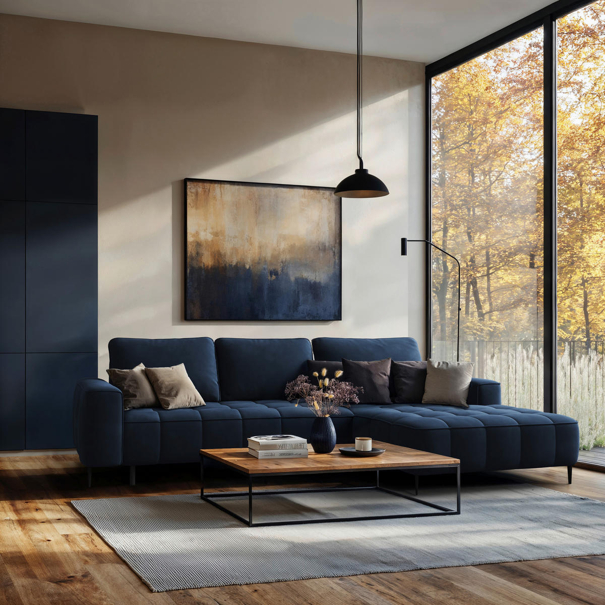 ECKSCHLAFSOFA Florence in Velours Dunkelblau  - Schwarz/Dunkelblau, Basics, Textil/Metall (280/166cm) - Livetastic