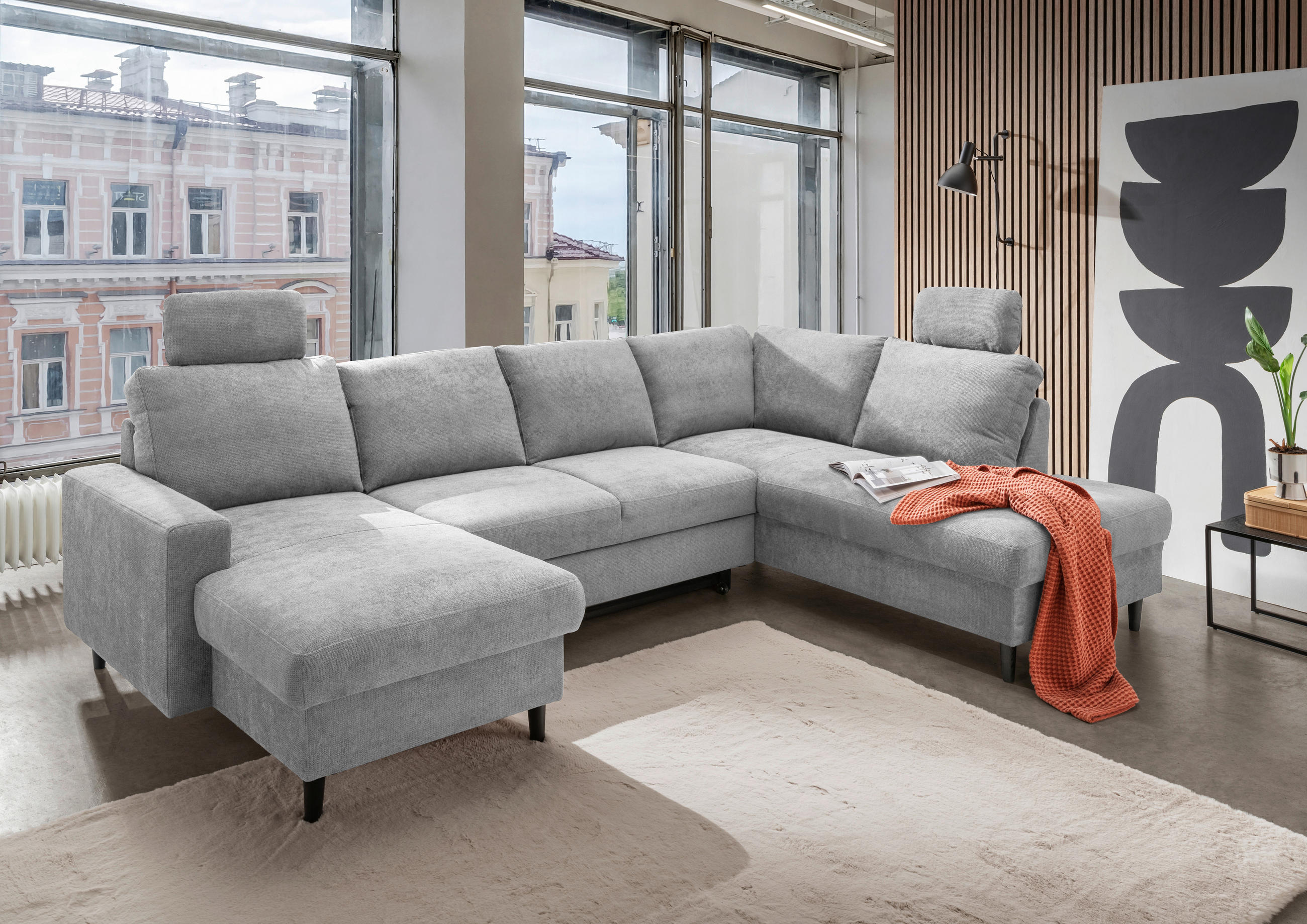 WOHNLANDSCHAFT Grau Chenille  - Schwarz/Grau, MODERN, Holz/Textil (153/305/200cm) - Livetastic