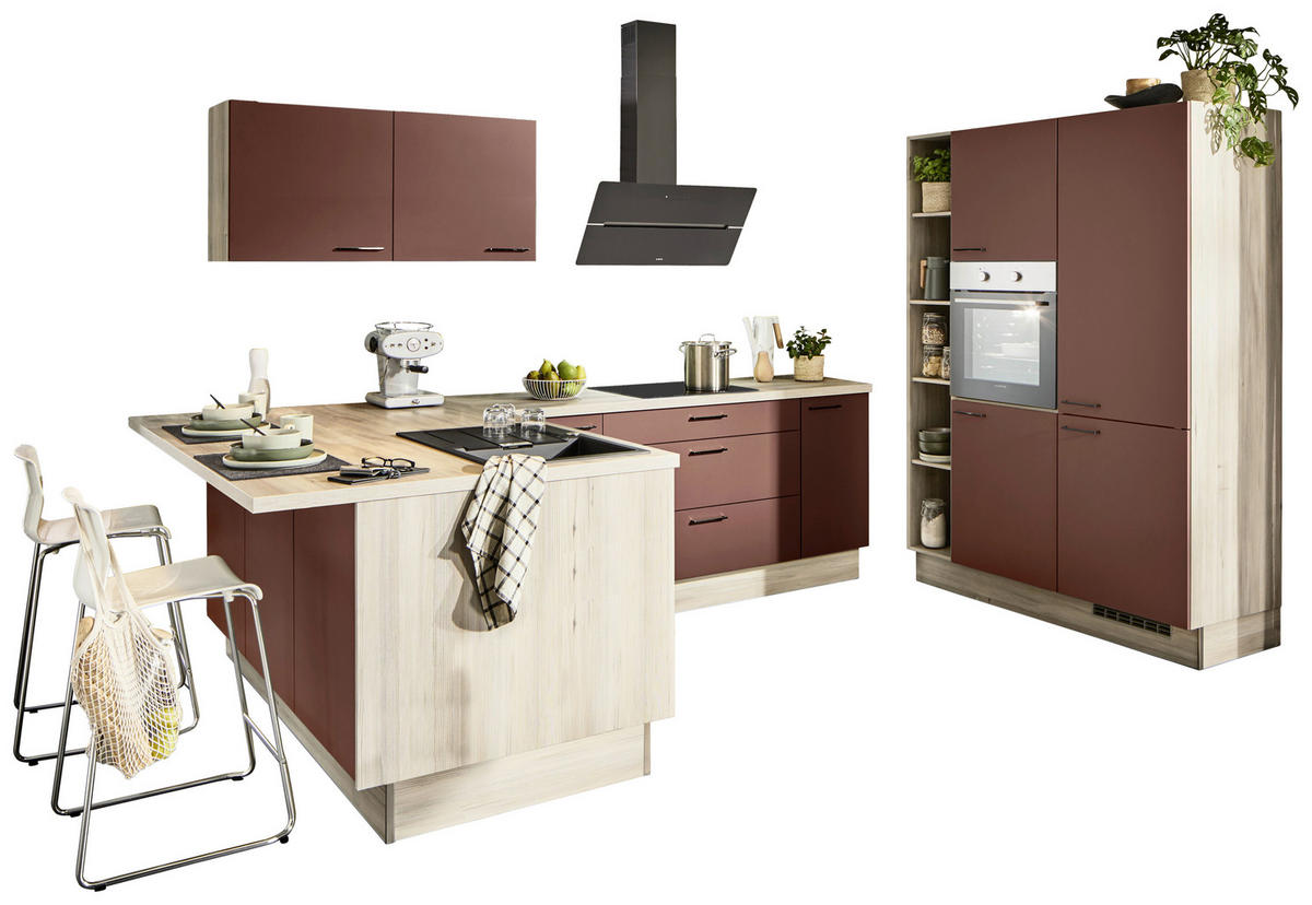 ECKKÜCHE  in Rot, Tannenholzfarben  - Rot/Tannenholzfarben, Design, Holzwerkstoff/Metall (121,6/280/150cm) - Xora