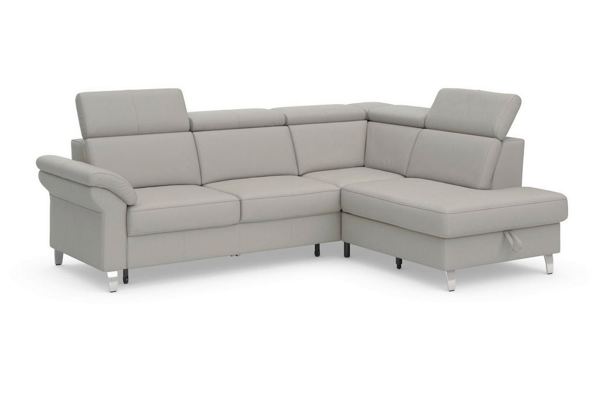 ECKSOFA ARNGAST E Hellgrau Kombination Echtleder/Stoff Mikrofaser Bettkasten, Kopfteilverstellung  - Chromfarben/Hellgrau, Basics, Leder/Textil (245/194cm) - Sit & More