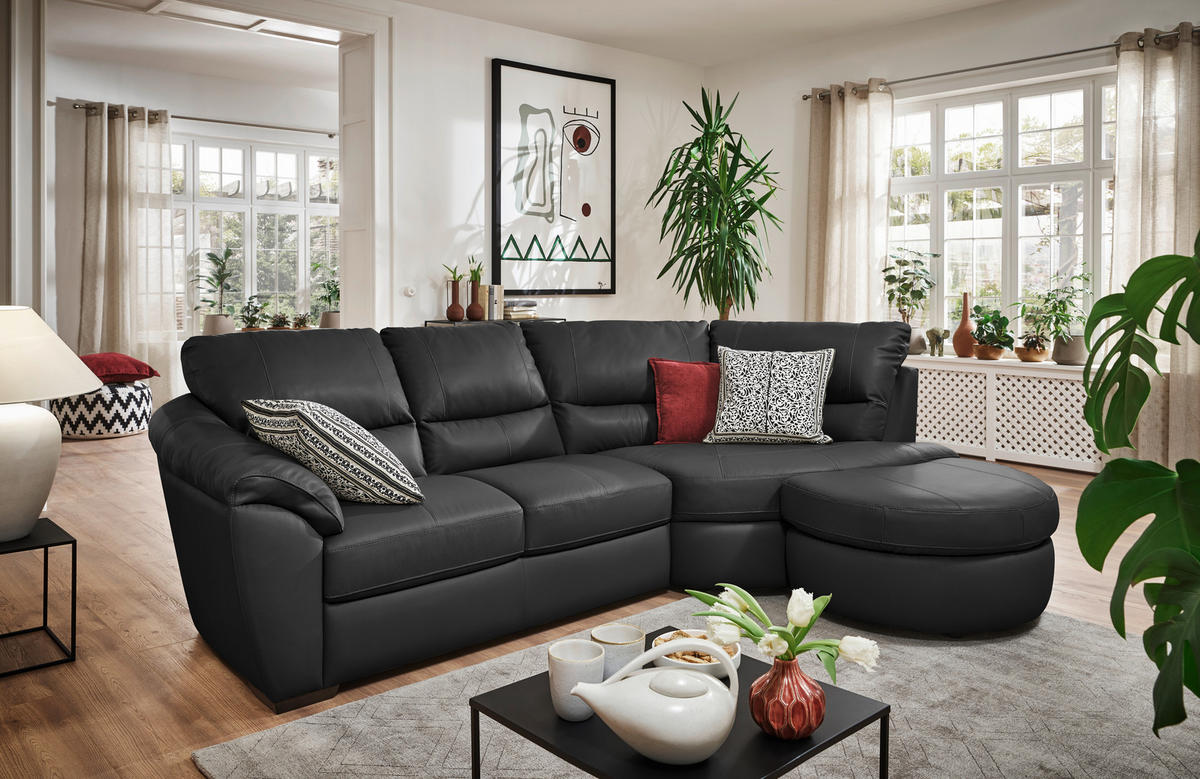 ECKSOFA in Kombination Echtleder/Lederlook Schwarz  - Wengefarben/Schwarz, Konventionell, Leder/Holz (273/194cm) - Livetastic