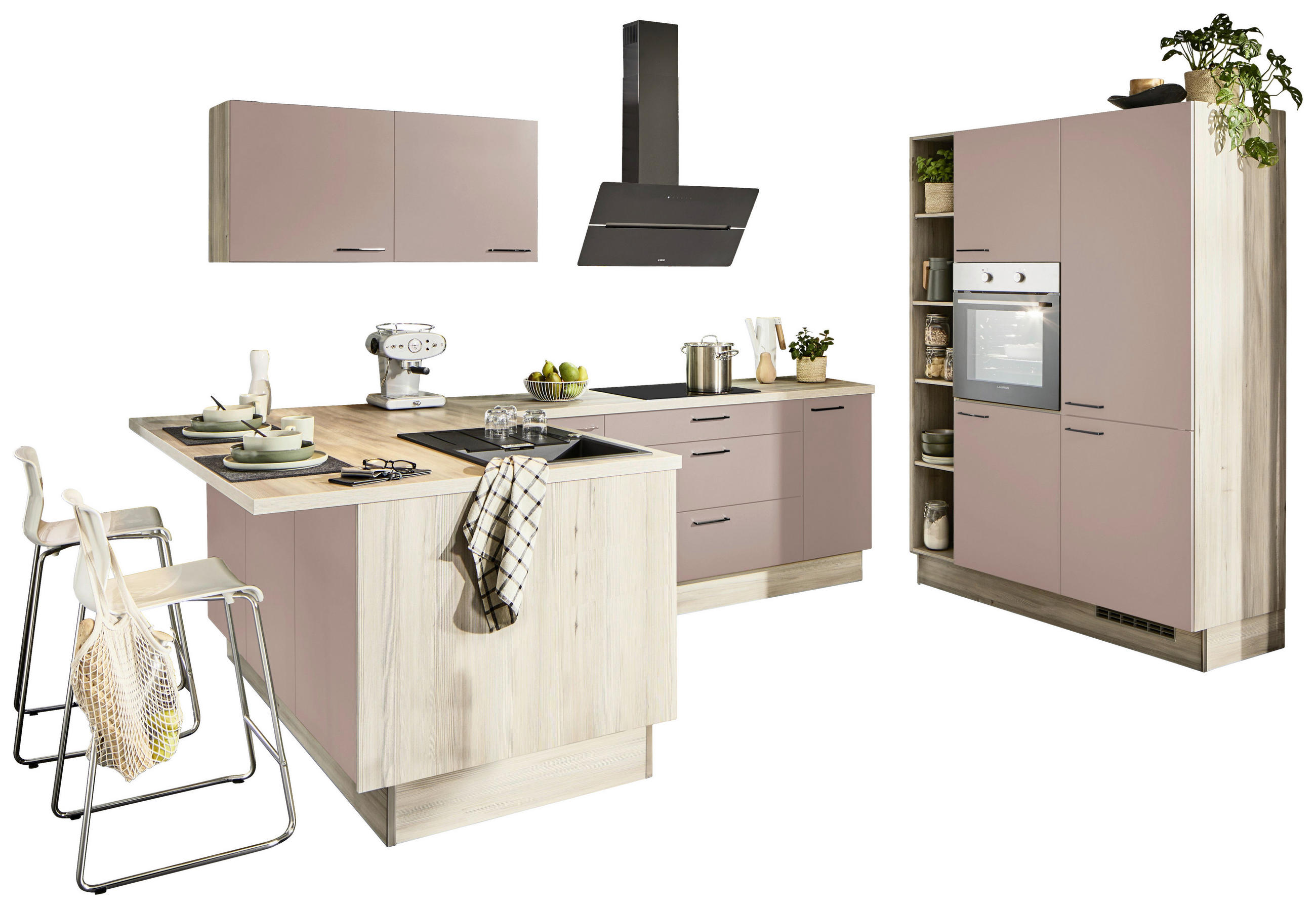 ECKKÜCHE XO 10  in Rosa, Tannenholzfarben  - Tannenholzfarben/Schwarz, Design, Holzwerkstoff/Metall (121,6/280/150cm) - Xora