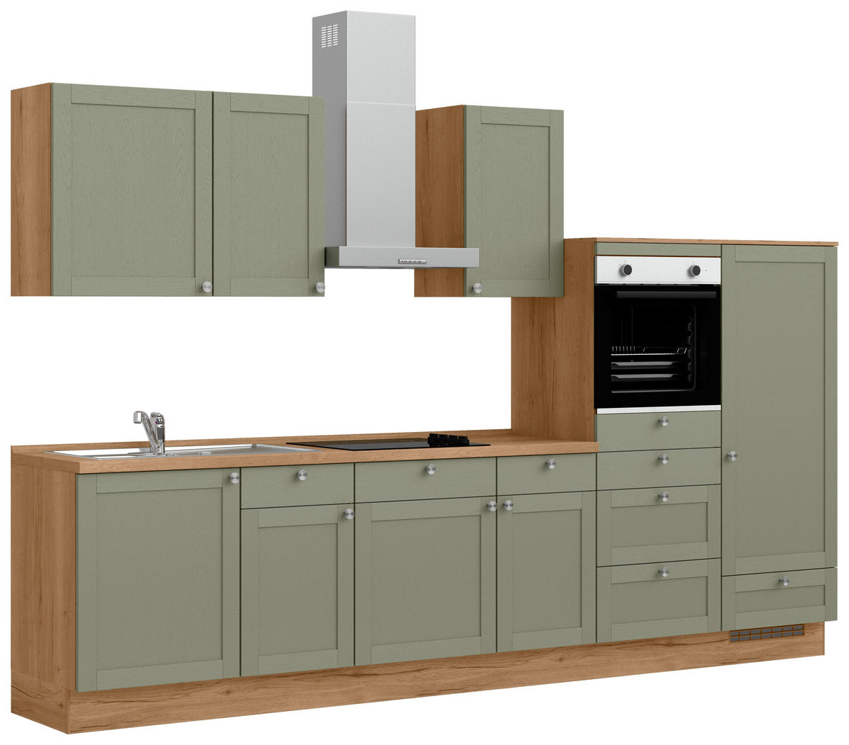 KÜCHENBLOCK Frame 330 cm  in Eichefarben, Olivgrün  - Edelstahlfarben/Eichefarben, MODERN, Holzwerkstoff/Metall (330cm) - Nobilia