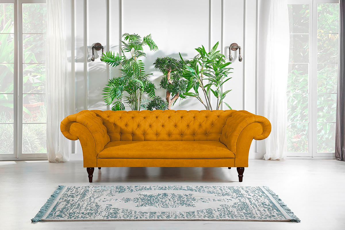 3-SITZER-SOFA in Mikrofaser Senfgelb  - Senfgelb/Braun, Design, Holz/Textil (232/79/97cm) - Livetastic