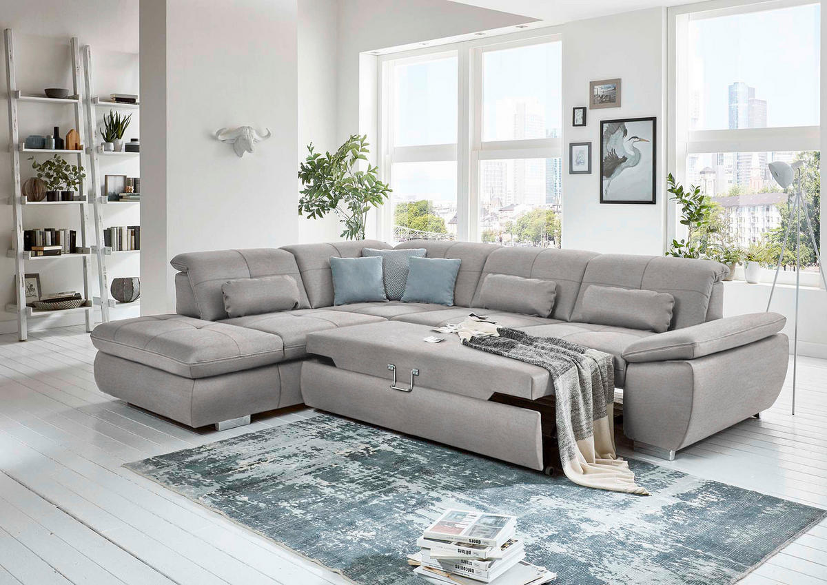 ECKSOFA in Mikrofaser Ecru  260/318 cm  - Ecru/Silberfarben, Design, Textil/Metall (260/318cm) - Beldomo Speed