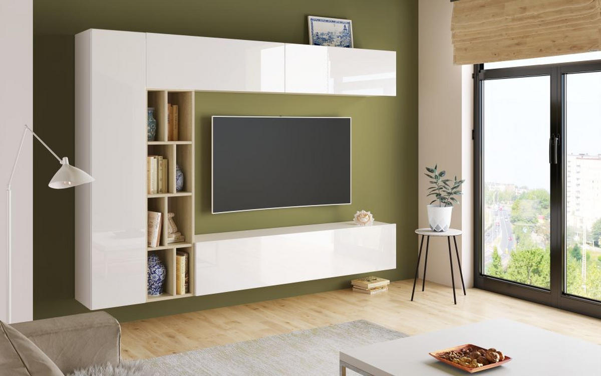 REGAL ZA DNEVNI BORAVAK sonoma hrast, bela visoki sjaj   - sonoma hrast/bela visoki sjaj, Moderno, pločasti materijal (224/160/35cm) - Ti'me