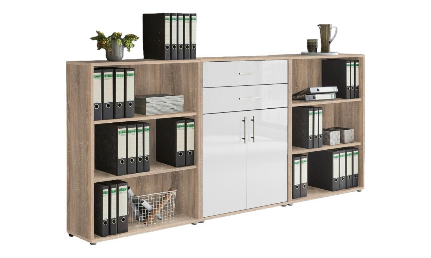 AKTENSCHRANK Sonoma Eiche, Weiß Hochglanz  - Weiß Hochglanz/Sonoma Eiche, MODERN, Holzwerkstoff (253,2/113,6/33cm) - MID.YOU