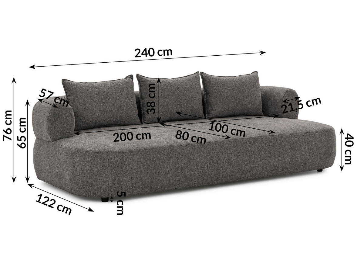 BIGSOFA in Chenille Anthrazit  - Anthrazit/Schwarz, Design, Kunststoff/Textil (240/76/122cm) - Livetastic