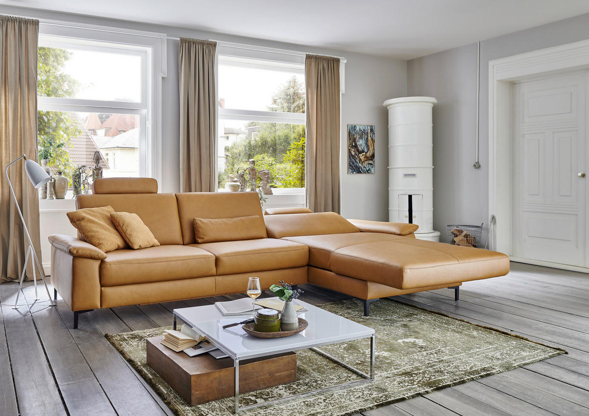 ECKSOFA in Echtleder Currygelb  334/176 cm  - Currygelb/Schwarz, Design, Leder/Metall (334/176cm) - Dieter Knoll