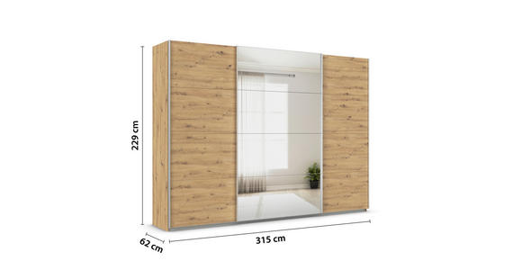 SCHWEBETÜRENSCHRANK  in Eiche Artisan  - Alufarben/Eiche Artisan, KONVENTIONELL, Glas/Holzwerkstoff (315/229/62cm) - Xora