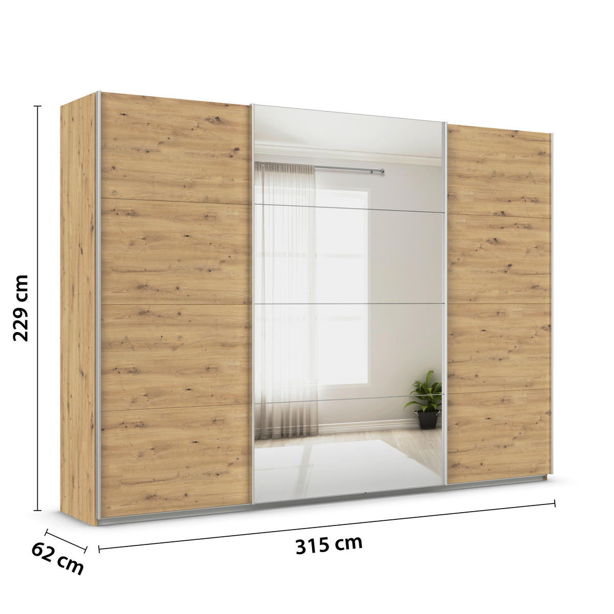 SCHWEBETÜRENSCHRANK  in Eiche Artisan  - Alufarben/Eiche Artisan, KONVENTIONELL, Glas/Holzwerkstoff (315/229/62cm) - Xora