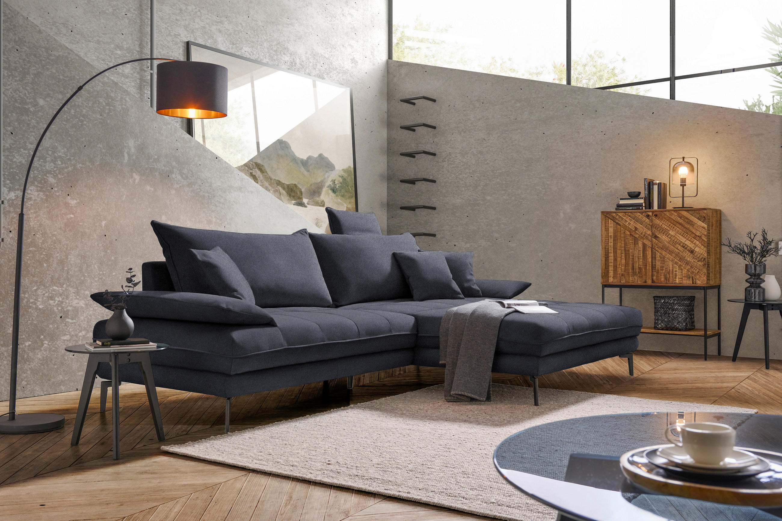 ECKSOFA PRATO Anthrazit Mikrofaser  - Anthrazit/Schwarz, MODERN, Textil/Metall (292/176cm) - MID.YOU