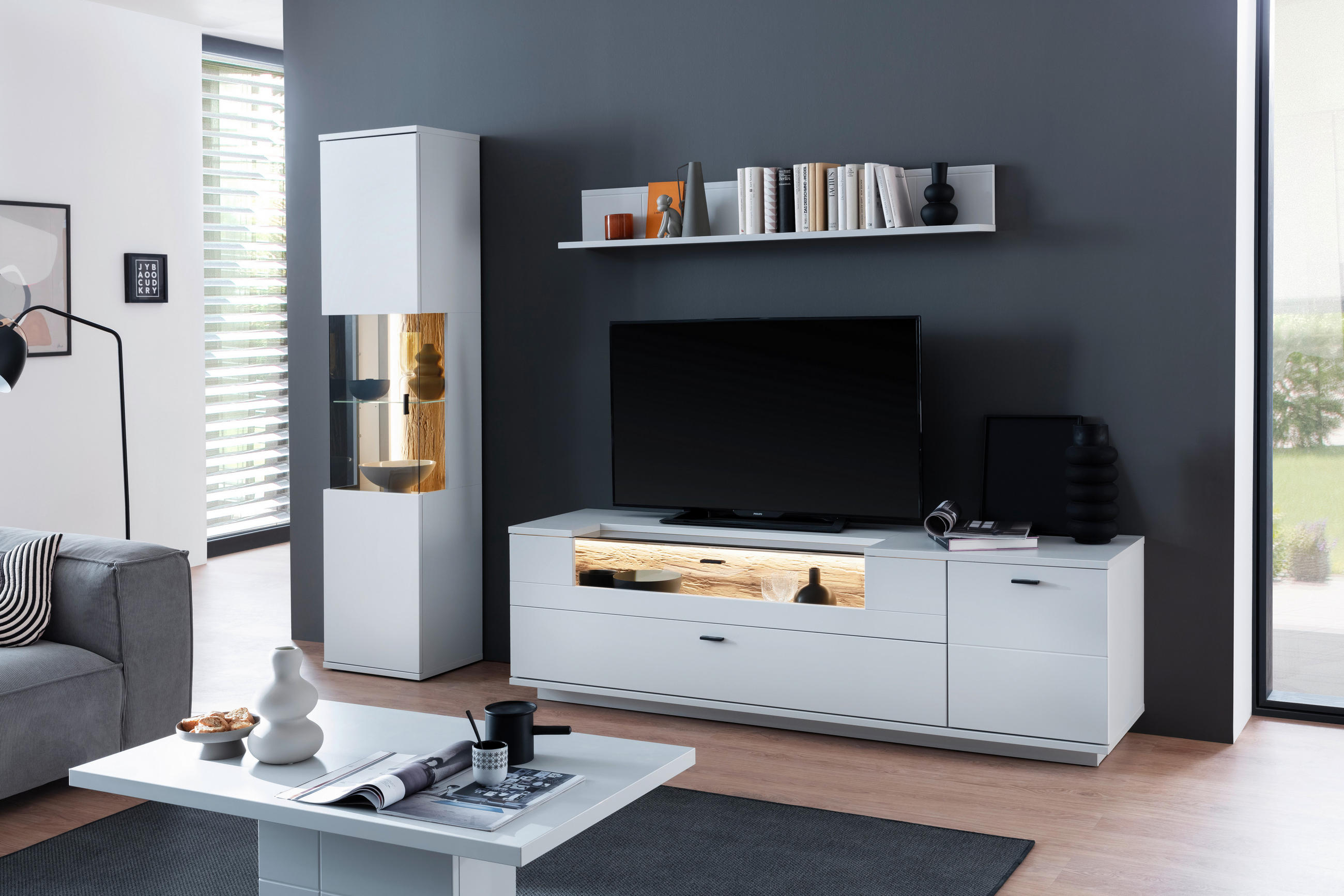 WOHNWAND  in Weiß, Eichefarben  250/199/50 cm  - Eichefarben/Anthrazit, Design, Glas/Holzwerkstoff (250/199/50cm) - Stylife