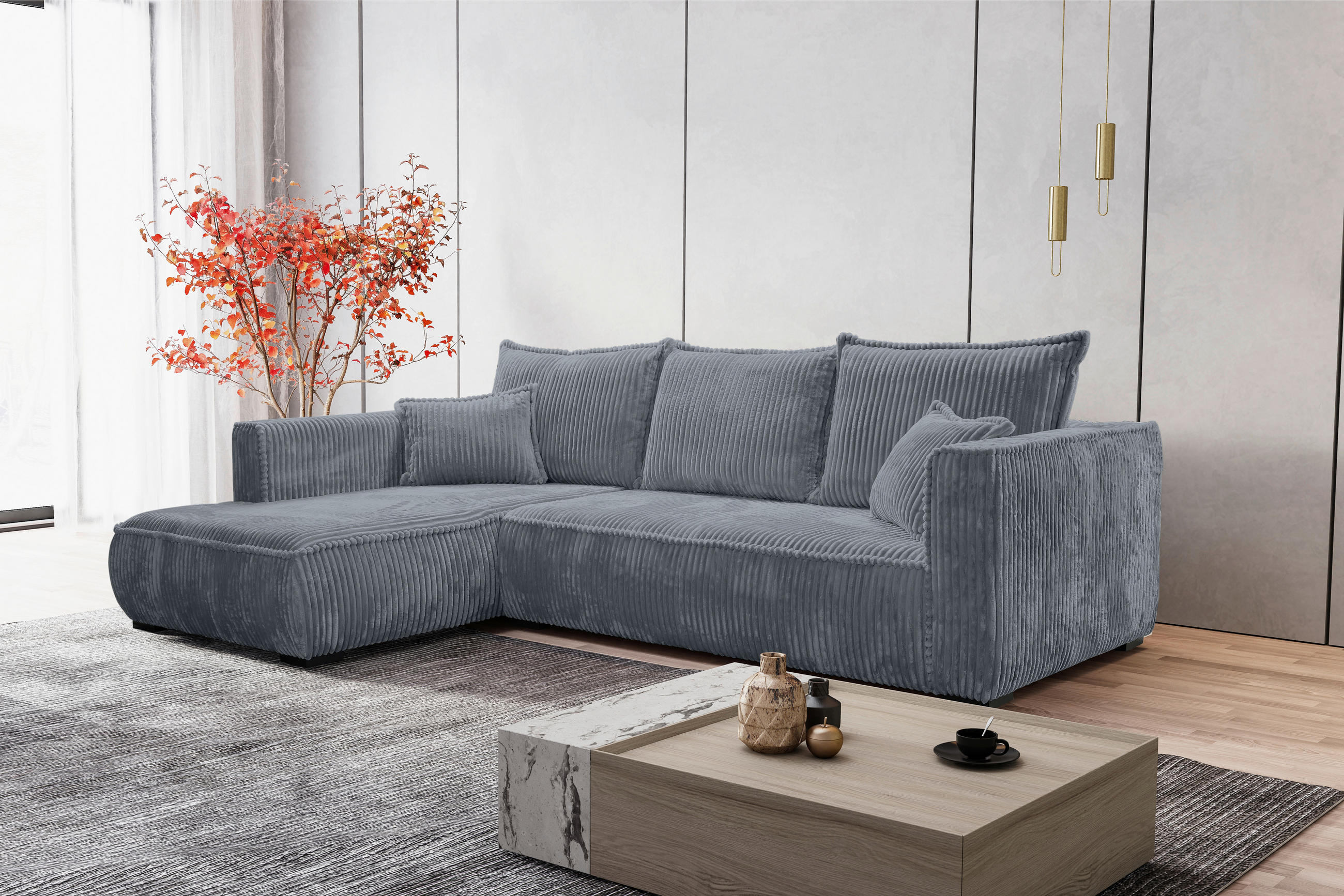 ECKSOFA in Cord Grau  - Schwarz/Grau, Modern, Holz/Textil (208/322cm) - MID.YOU