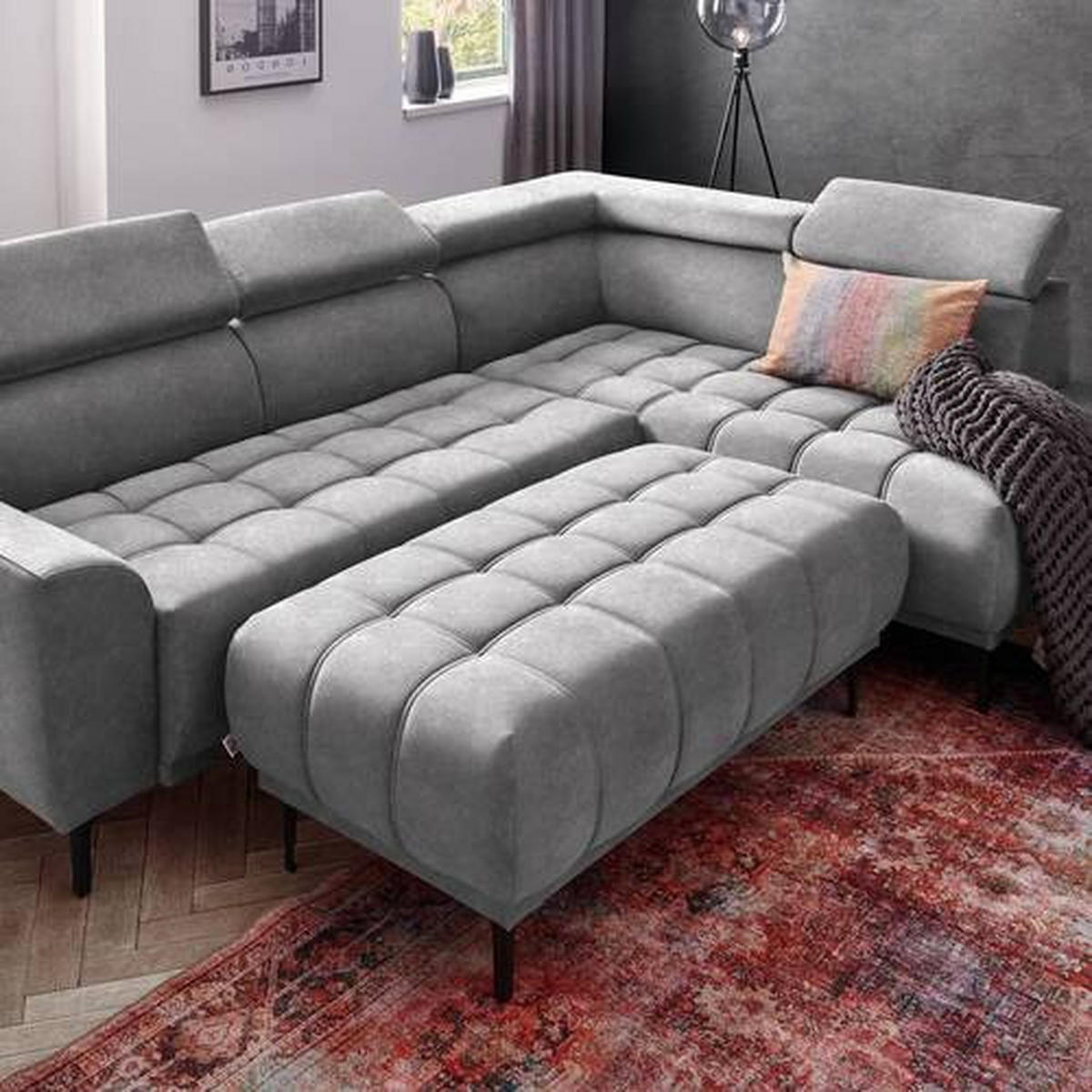 ECKSOFA Grau Velours  - Schwarz/Grau, Design, Textil/Metall (261/191cm) - Stylife