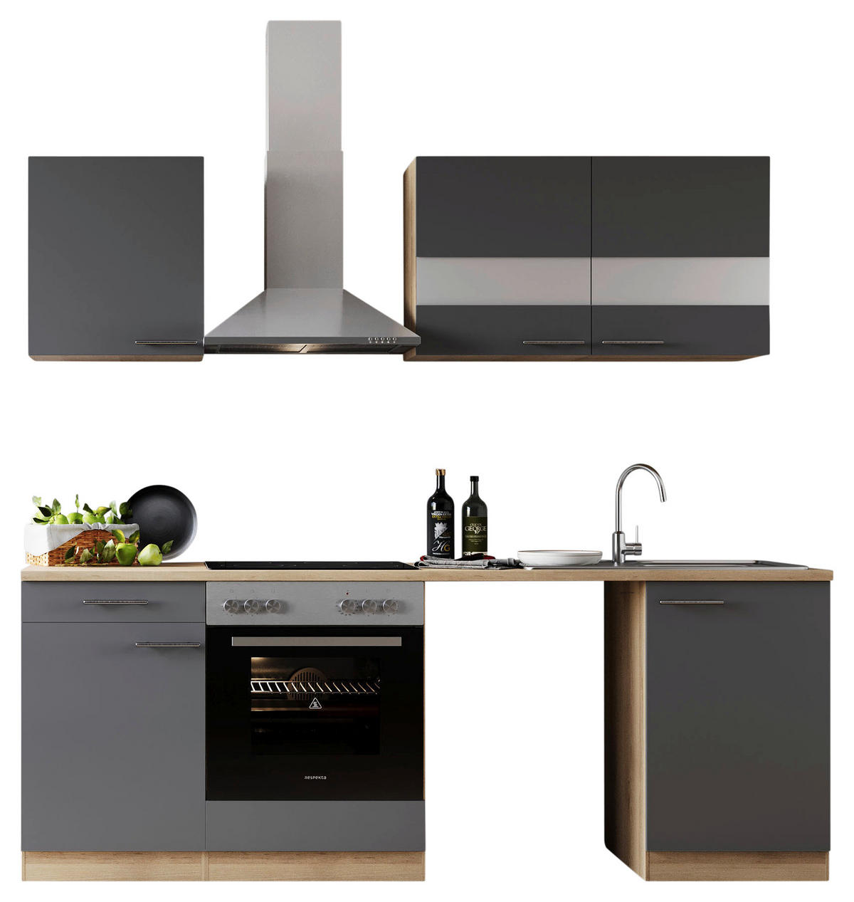 KÜCHENBLOCK 220 cm   in Grau  - Edelstahlfarben/Eichefarben, Basics, Glas/Holzwerkstoff (220cm) - Respekta