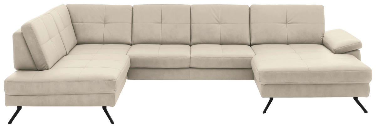 WOHNLANDSCHAFT Lederlook, Mikrofaser Creme, Naturfarben  - Creme/Schwarz, Design, Textil/Metall (220/345cm) - Beldomo System