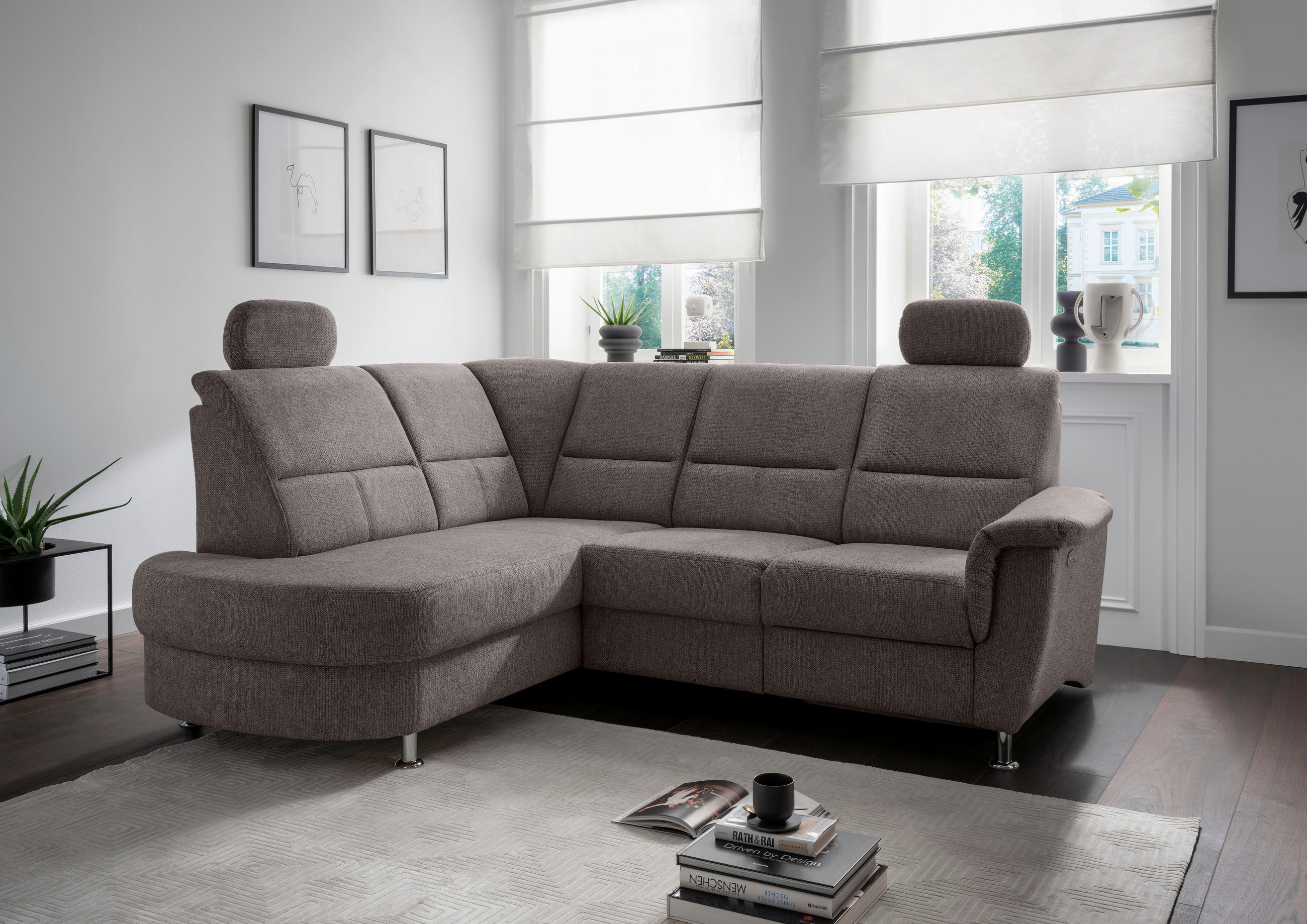 ECKSOFA in Chenille Graubraun  - Chromfarben/Graubraun, Konventionell, Textil/Metall (184/231cm) - Livetastic