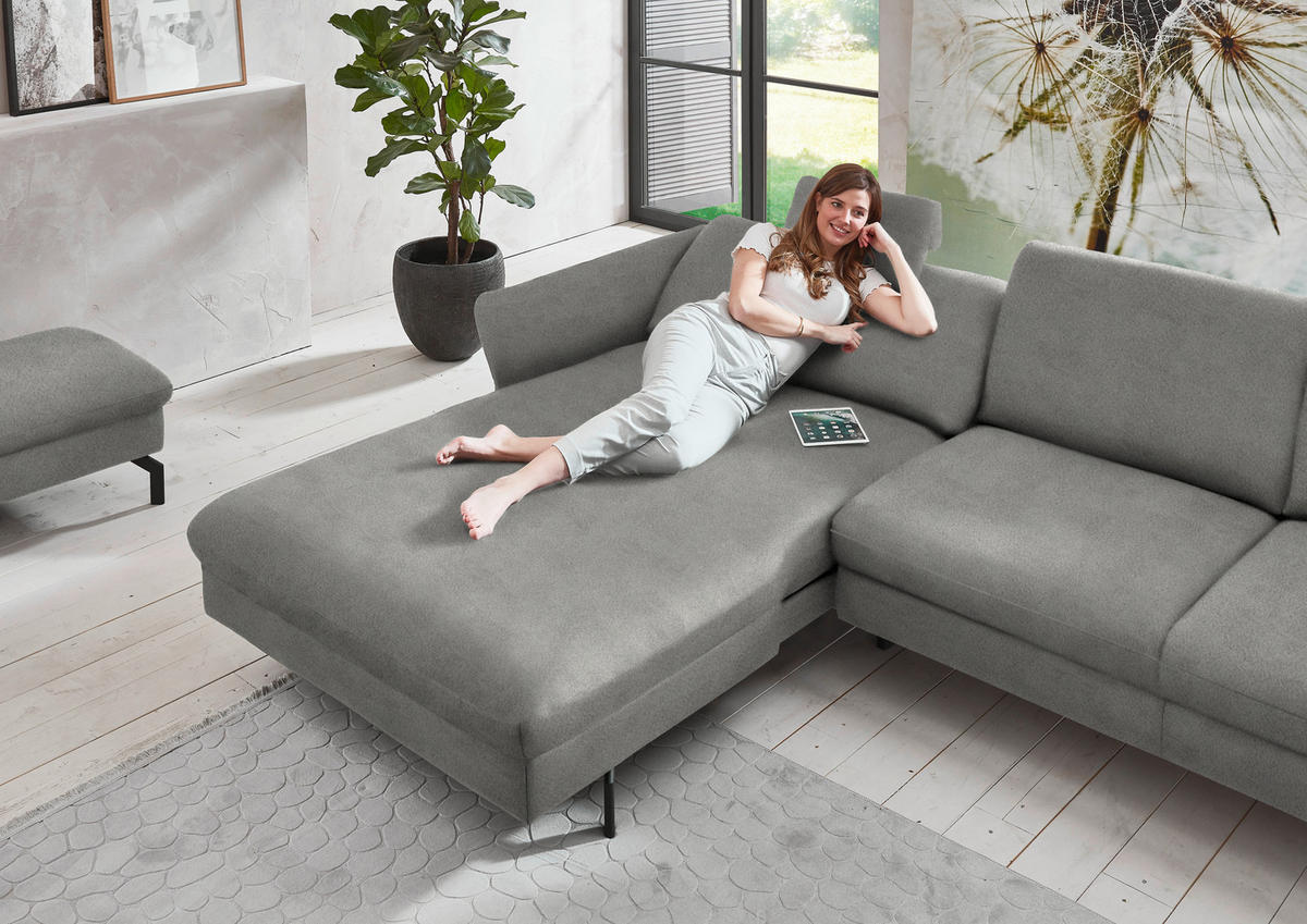 ECKSOFA in Velours Hellgrau  - Hellgrau/Schwarz, Design, Textil/Metall (179/306cm) - Beldomo System